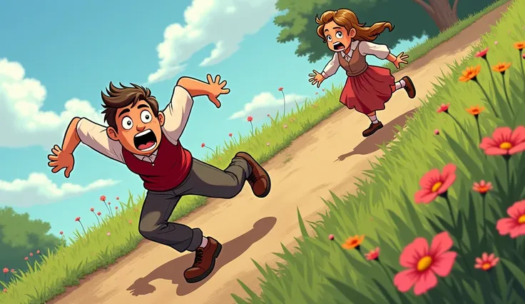 "Jack and Jill"

"Jack fell down and broke his crown, and Jill came tumbling after."
Prompt: Jack is mid-fall, tumbling awkwardly down the hill, with a surprised look on his face. Jill, slightly behind, is also stumbling down, arms flailing. The hill looks...