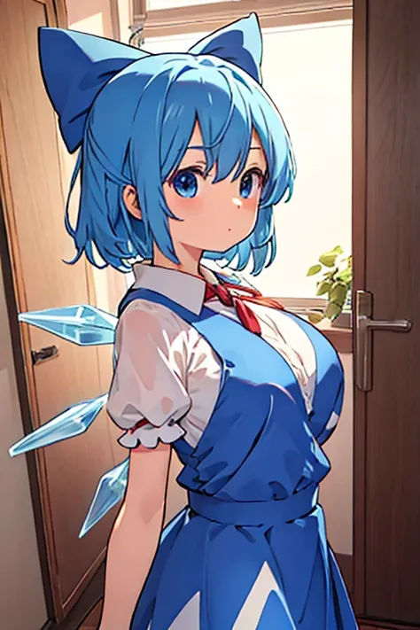 cirno_touhou　alone, indoors, indoors,　big breasts