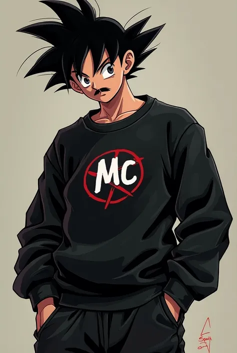 Create Goku with a black sweatshirt with the logo of Mc and that Goku is rapping and that his hair is curled and that he has a mustache and a pubertos face