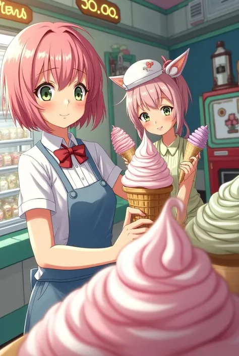 In anime art ,  I would like to create two girls working in an ice cream shop ,  one serving and the other letting the ice cream fall shamelessly. 