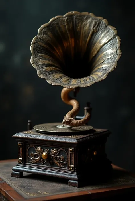  The vitrola has an ancient design ,  with intricate engravings of fantastic creatures on its dark wooden surface.  His trumpet ,  in the shape of a snake ,  twists as if it were alive , and his disc ,  made of a material that glows weakly in the dark ,  e...