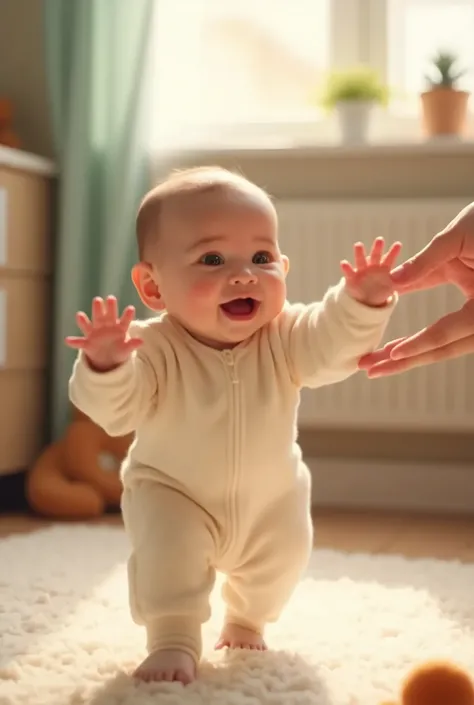 A heartwarming scene of a baby taking their first steps, trying to walk 