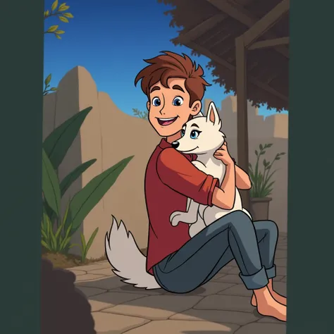 Create a Disney-style cartoon image of a young man (no ) Chestnut hugging a small totally WHITE husky with blue eyes with a beige background That same image but make the white husky without any other color