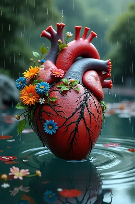 An anatomical heart decorated with colorful flowers in a water well and a rain falling on it that wets it all over 