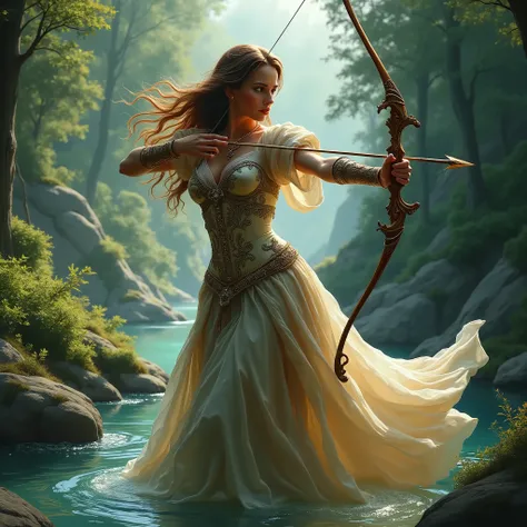 a sexy medieval princess woman with a bow and arrow crossing the river 