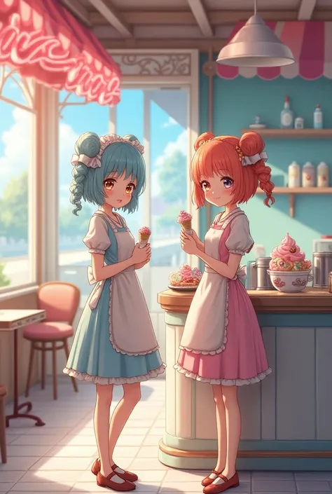 In anime art ,  I would like to create two girls working in an ice cream shop .