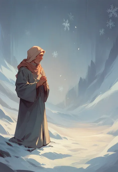 A person standing in a snowy landscape, praying with their hands clasped as snowflakes gently fall around them. The white surroundings and stillness create a peaceful and reflective scene.