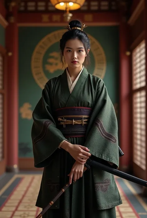 Woman samurai in complete attire, full body realistic photo in a Japanese castle