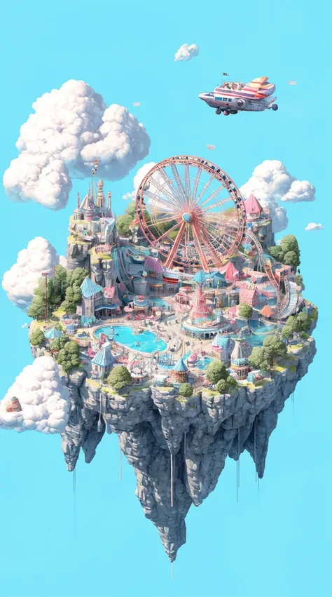 a floating island that has a big ferris wheel and roller coaster on it, the island is floating in mid-air, pure blue background, simplistic, isometric, in the sky flies a airship, Erase the little objects. Make the image cleanner , in an isometric illustra...