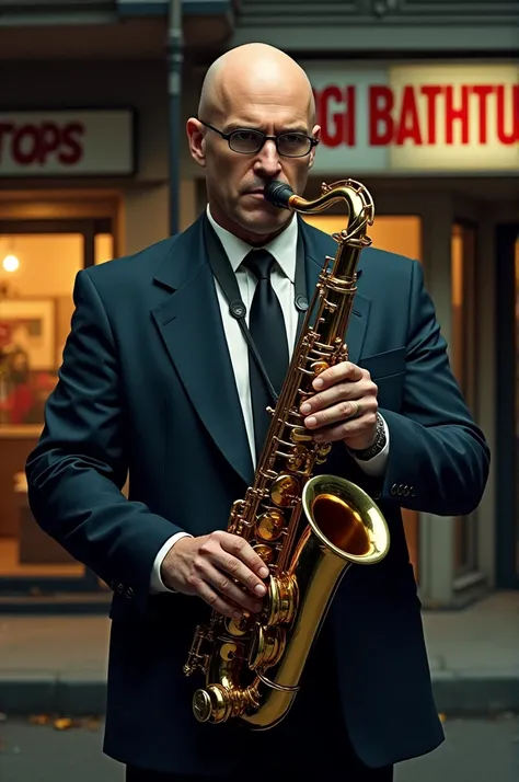 Lex Luthor playing baritone sax in front of a store called Mogi Bathtubs