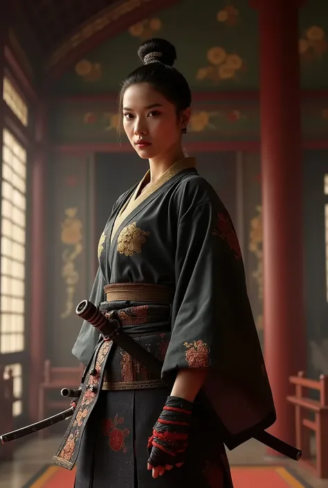 Woman samurai in complete attire, full body realistic photo in a Japanese castle