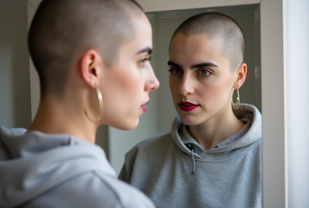 Seeing a  woman in profile view, she is a beautiful bald girl whose head is clean shaven, crimson red lipstick wearing a sweatshirt, she is looking at her reflection in a mirror. Her reflection is her but has long hair and bangs. Both views of the woman ar...