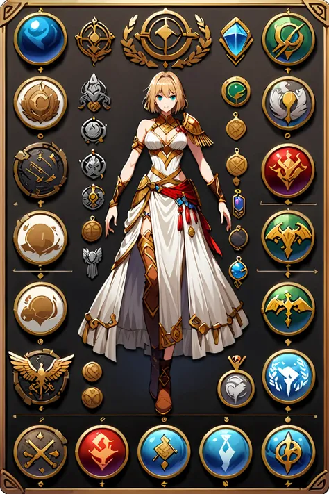 Framed Presentation of a clerge, woman character design sheet for a video game with detailed accessories, boots, multiple icons, and fantasy dancer dresses, Ball Gown, buttons to customize the character to your liking, sphere,(game icon),medal icon,rpg,(sh...