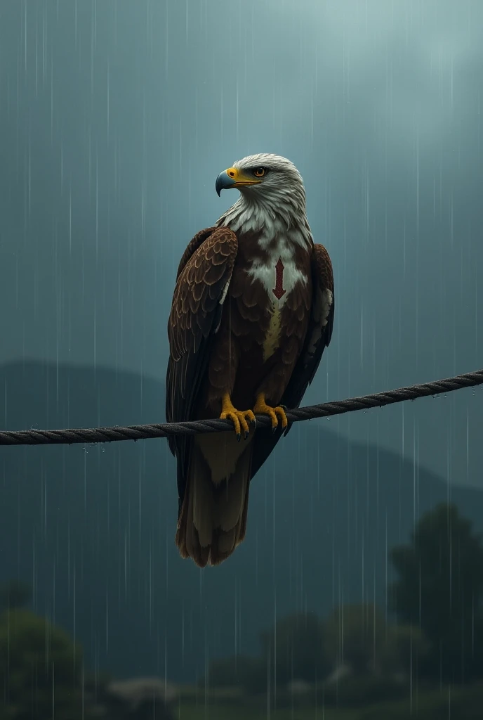 Eagle sitting on a string on a rainy day with a big arrow at last on the eagles chest 