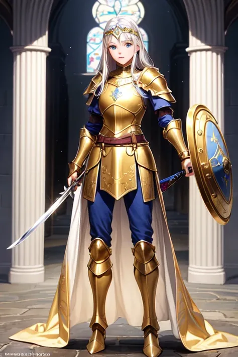  A golden-haired paladin , golden blue eyes , um rosto angelical, a detailed silver armor with gold details from head to toe, a gold-jeweled headband , a shiny white cape .with a fine-pointed sword and medieval shield ,full body.