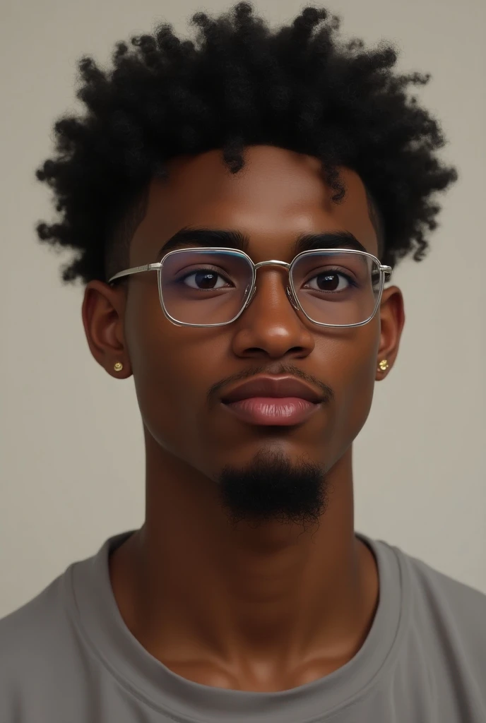  Ronie Borges Santana 18 years old black with rectangular silver glasses from Oakley, slightly curly hair ,  slightly round face and realistic goatee 