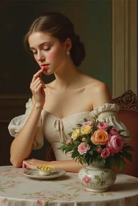 A noble young lady eats candy with a smile while looking at a bouquet in a vase from a fan