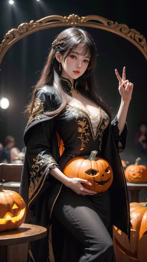 ( cute girl carved with a big pumpkin：1.1），（whole body）， beautiful long haired girl ， retro coat long skirt ，16k，orange，peace of...