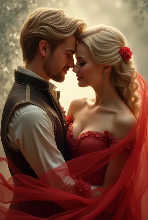  A realistic blue-eyed blonde woman wearing a red dress, Join with a blond man  