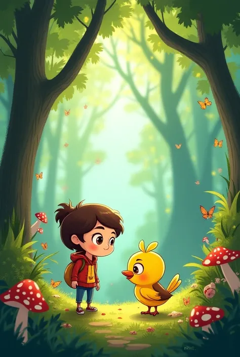 Create a cartoon image and create with the same character from the previous photo


Chapter 2:  The Encounter with Beak *  
One day, while exploring the forest,  Lucia heard a cheerful song .  It was a little yellow bird ,  small and curious ,  who introdu...