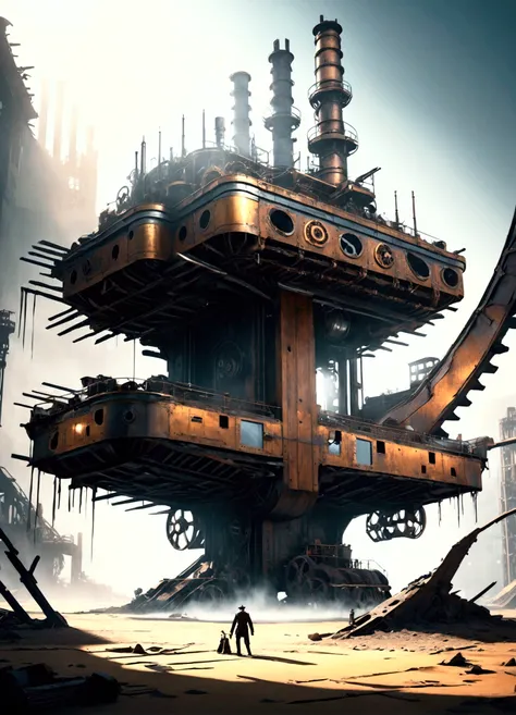 a huge complex steel machine, extremely detailed gears and mechanisms, steampunk style, steam, metallic luster, strong light and shadow contrast, rich details, powerful, sci-fi futuristic, huge shadows cast on the ground, surrounded by deserted industrial ...