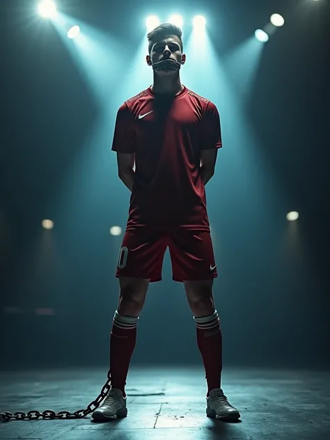 a young male soccer player in full kit, shiney legs, standing on a well lit stage, spotlights shining on face, legs lit up, hands behind back, legs chained to floor, mouth gagged