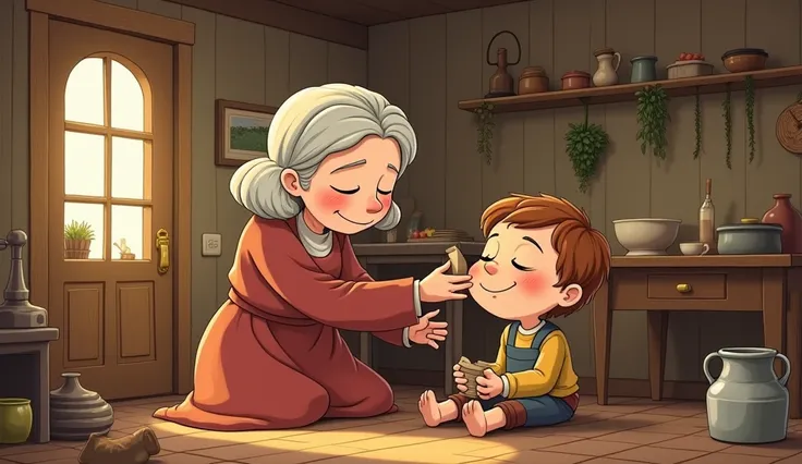 "Jack and Jill"

""Cartoon:To Old Dame Dob, who patched his nob with vinegar and brown paper."
Prompt: Inside a cozy, rustic cottage, an elderly woman, Old Dame Dob, is carefully placing a bandage of brown paper on young Jack’s forehead. The room is warmly...