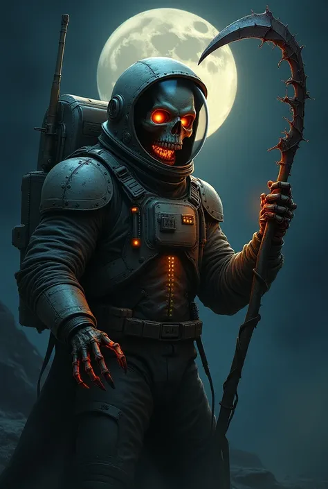 a close up of a person in a space suit holding a scythe, creepy astronaut, astronaut, an evil alien astronaut, cosmic horror illustration, space alien, space horror, cosmic horror style, the mummy astronaut, space pirate, space quantum death. deep space, p...