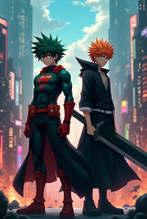 Izuku Midoriya from Boku no Hero in his hero costume and Ichigo Kurosaki in his shinigami costume