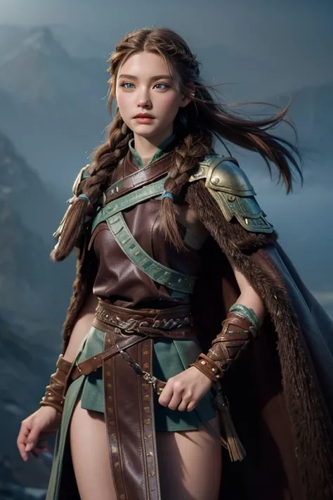 ( masterpiece ,  The best quality ) (young warrior woman of nordic descent), (green eyes), (fur skirt), (Brown hair color),(loose hair with small braids on the scalp), (leather strap top) feathers, cape over the shoulder, bufas, (blue, gray and brown suit)...