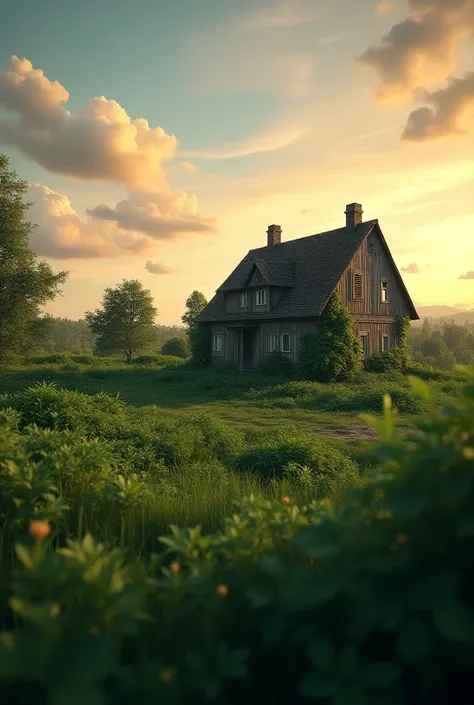 A house, foreground covered with overgrown green grass and vegetation,dark green is important.sunset  cirrocumulus clouds are clearly visible, distance angle view,hd detail,8k,realistic is more important 