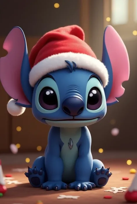 Pink Stitch character in a Christmas hat
