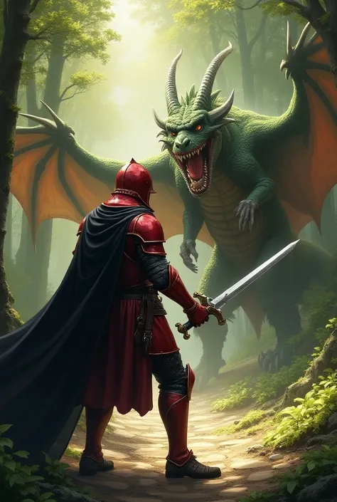 A man  in a red knight suit with black cloak  holding two hands great sword against a dragon in the middle of forest 