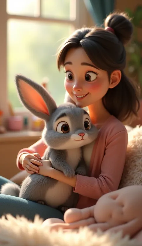 Rabbit apni human mother k sath rehta ta 3d animation images prompt 