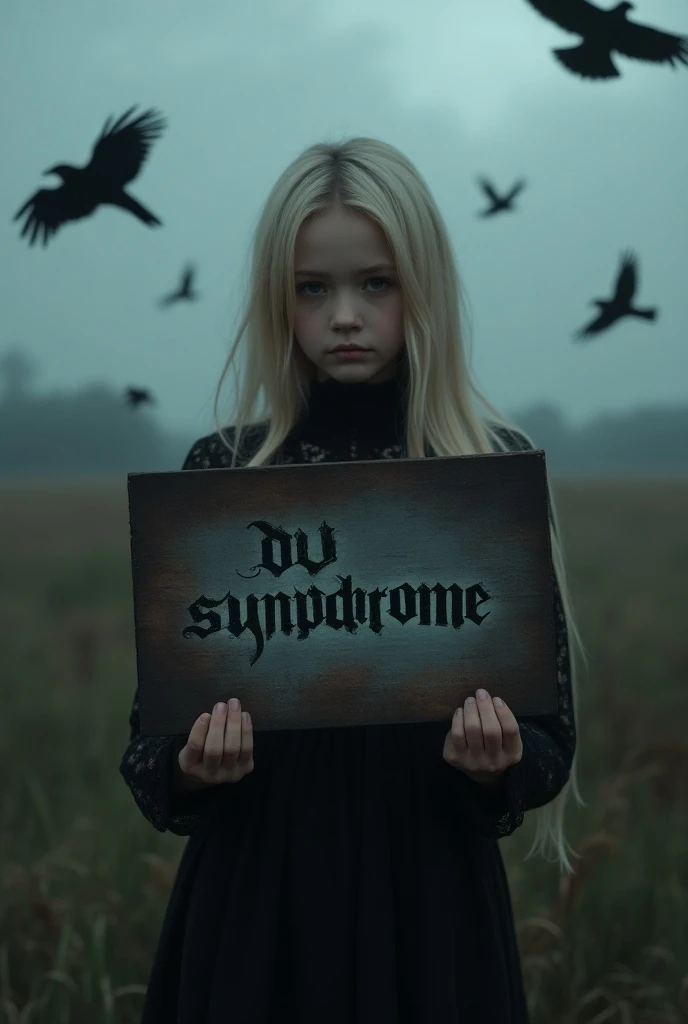 The gloomy atmosphere of the dusk cloud field , flying crows,  blonde girl in a gothic lace dress ,  holds a charred board with Gothic lettering "DV CYNDROME"