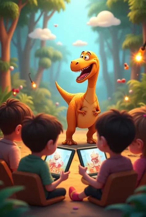 Animated image ren with tablets watching a video of an excited dinosaur
