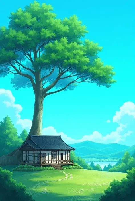 landscape, home, tree, blue sky, anime 