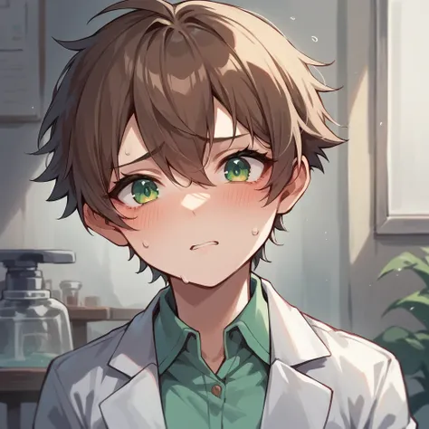 A college student tomboy with brown hair and green eyes is shy and blushing as she works in a lab. she has a lab coat on.