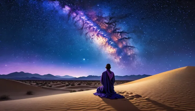 A person praying under a starry night sky in the desert, the Milky Way visible overhead, and a soft breeze blowing the sand, creating a mystical and awe-inspiring environment that evokes a sense of wonder and divine presence, traditional oil painting style...