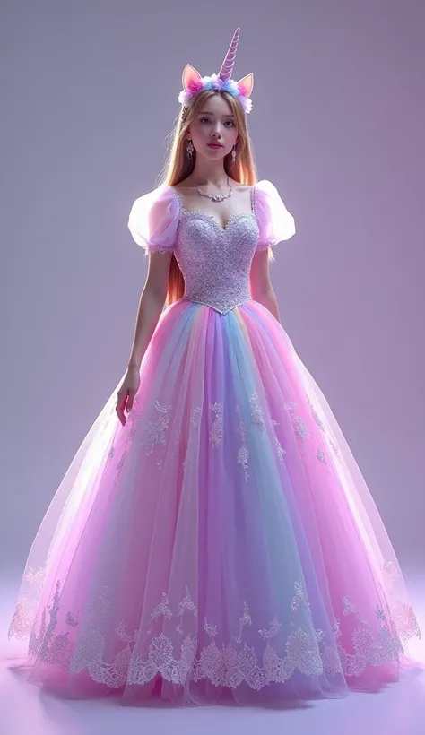 (Magical Unicorn Inspired Dress, with unicorn horns and rainbow stripes, with a color palette of lavender and&#39;pastel rainbow:1.2),
(The dress has a fitted bodice with a sweetheart neckline, adorned with iridescent sequins and delicate embroidery depict...