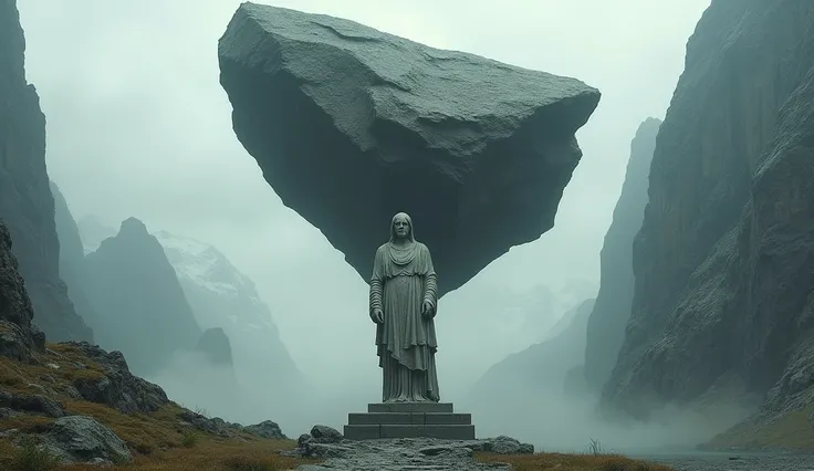  A rock mysteriously cut from a mountain, floating in the air, about to hit the statue with force ,  creating a moment of tension and expectation 