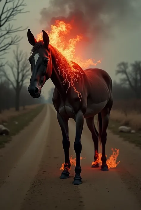 A Headless Mule, Red flames come out of the place where your head ,  should be twinkling out of control on an abandoned dirt road