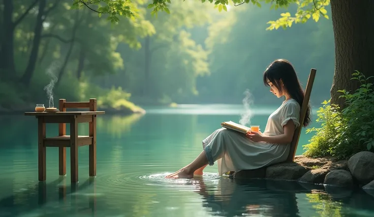 Real world scene Fresh realistic style ， Black long haired oriental girl sitting at a small wooden table by a forest lake and sitting in a recliner sitting lazily reading a book and drinking tea.White casual short dress +jeans(Trousers roll up . Light feet...