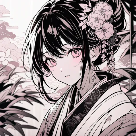 Beautiful anime portrait,Pink monochrome，Oriental Wallpaper，Pink，Feeling，very anime style，Japanese Samurai，Flowers，Close-up，Soft Light，Rich in details，The expression is firm，Kimono decoration，Background blur，Vivid colors，情Feeling深沉，front