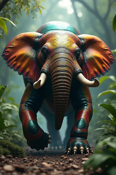 "Design a powerful hybrid creature that combines the formidable features of a beetle and an elephant. The creature should have the massive body and thick, textured skin of an elephant, complemented by the vibrant exoskeleton of a beetle, showcasing metalli...