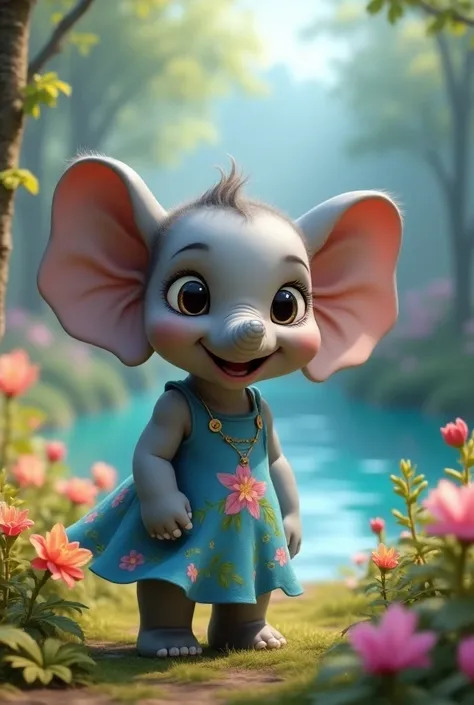 image of a female elephant cub  , wearing a blue floral dress, smiling , eyes shining , Whole body,  in the background of a forest full of flowers and a blue lake,  Pixar, disney , 3d