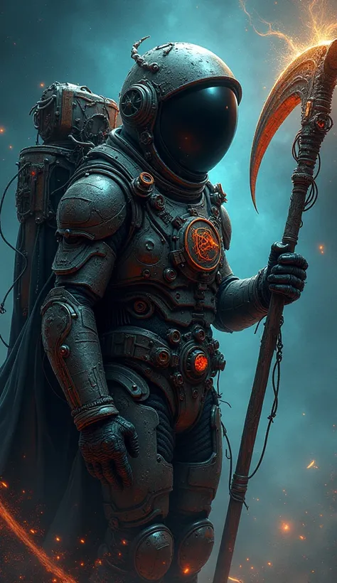 a close up of a person in a space suit holding a scythe, vector art inspired by Victor Mosquera, deviantart contest winner, space art, creepy astronaut, astronaut, an evil alien astronaut, cosmic horror illustration, space alien, space horror, cosmic horro...