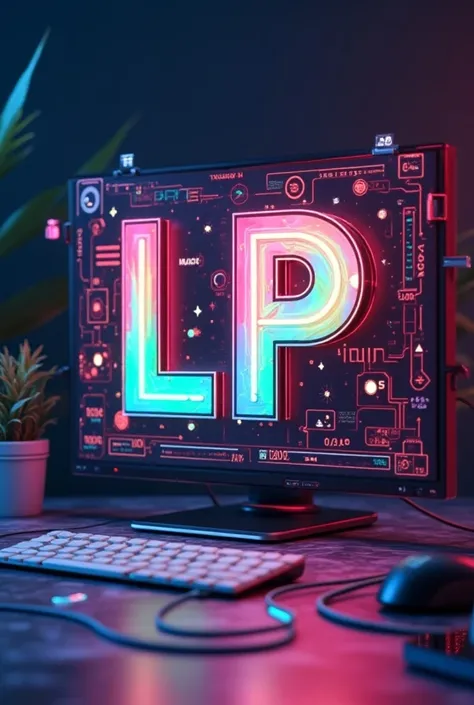 LP LETTERS WITH RGB COLORS IN THE MIDDLE OF PC AND ART SYMBOLS