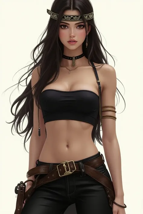 (masterpiece, best quality, high resolution, unity 8k wallpaper, extremely detailed CG:1), (illustration:1.0), cowboy shot, momokoms, 1girl, solo, headband, choker, black tube top, midriff, navel, bare shoulders, belt, barefoot,pants, 