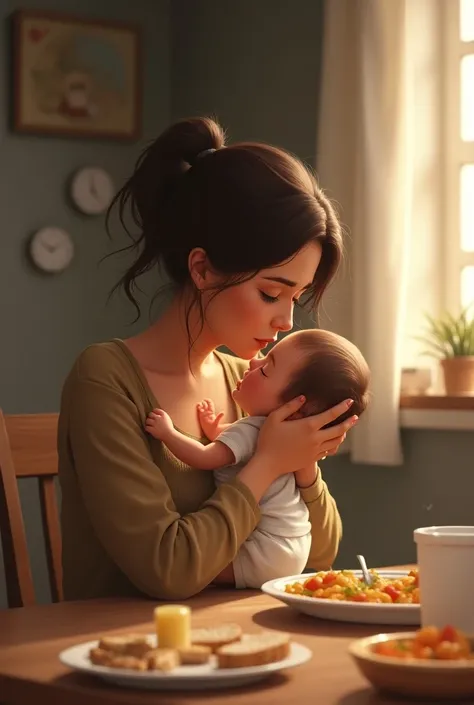 Lets create an image of a mother with her baby crying at mealtime 